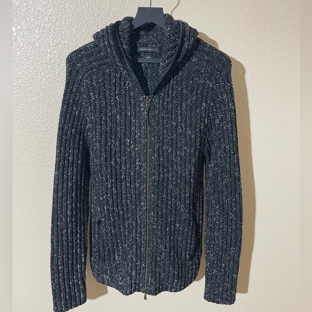 John Varvatos Black Knit Zip-Up Cardigan with Metallic Thread